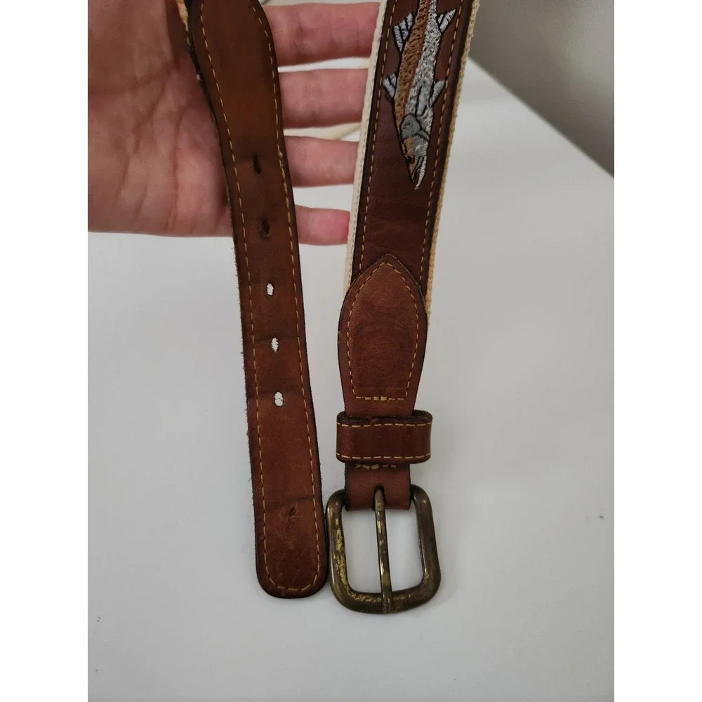 Leather Canvas Belt Men  Fish Embroidery Brass‎ Buckle Brown Size 36
